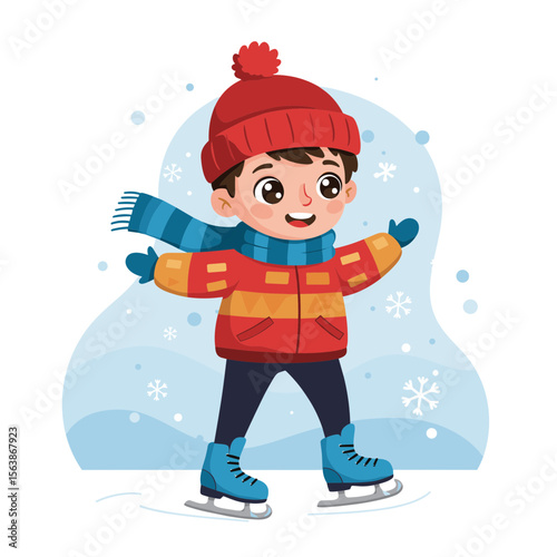 Boy ice skating in winter clothes with red hat. Ideal for winter sports, outdoor activities, or seasonal recreation illustrations.