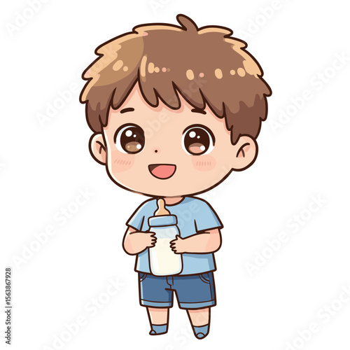 Boy with milk bottle in blue shirt. Ideal for healthy nutrition, dairy products, or children's dietary recommendations.