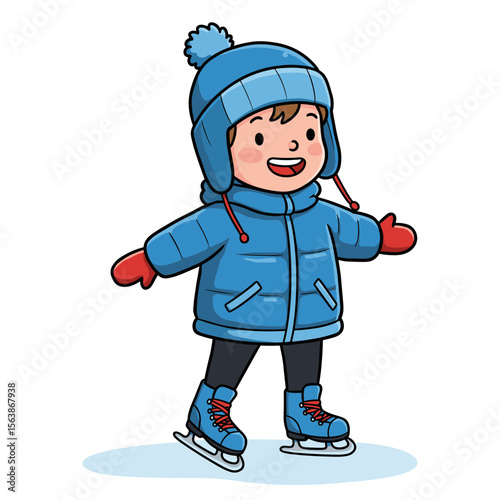 Boy ice skating in blue winter jacket and ear-flap hat. Perfect for winter sports, cold weather activities, or ice rink illustrations.