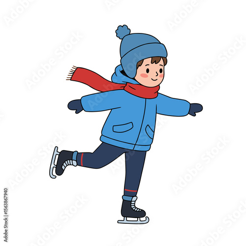 Boy ice skating with blue winter coat and scarf. Ideal for winter sports, seasonal recreation, or ice rink activity illustrations.