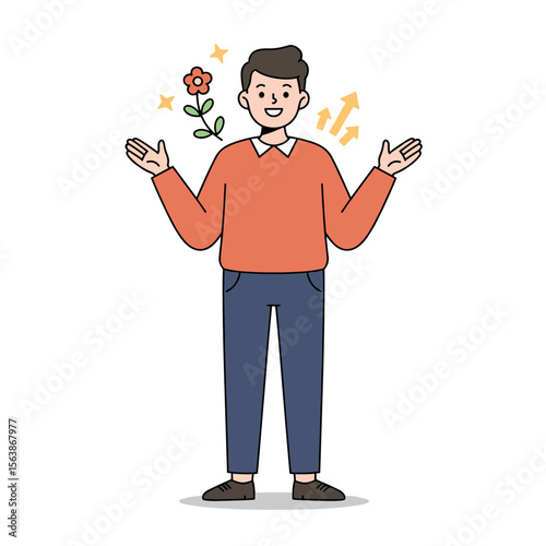 Man with flower showing growth. Optimism and development concept for personal growth, positive mindset, and nurturing potential.