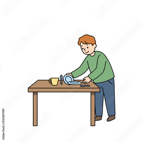 Man cleaning table with cloth. Household maintenance concept for domestic chores, cleanliness, and surface hygiene.