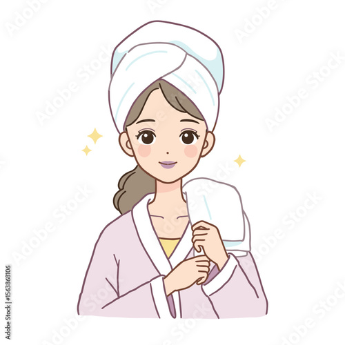 Woman with hair wrapped in towel after shower. Beauty and self-care concept for personal grooming and daily hygiene routine.