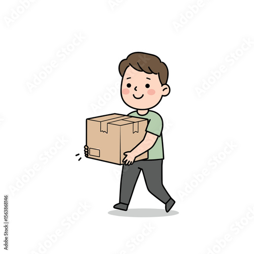 Boy carrying box with both hands. Moving and delivery concept for package handling, relocation, and shipping services.