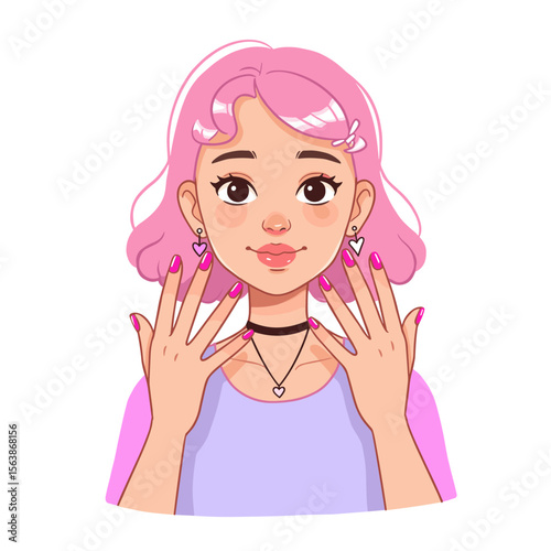 Woman with pink hair showing manicured nails. Beauty and nail care concept for salon services and cosmetic treatments.