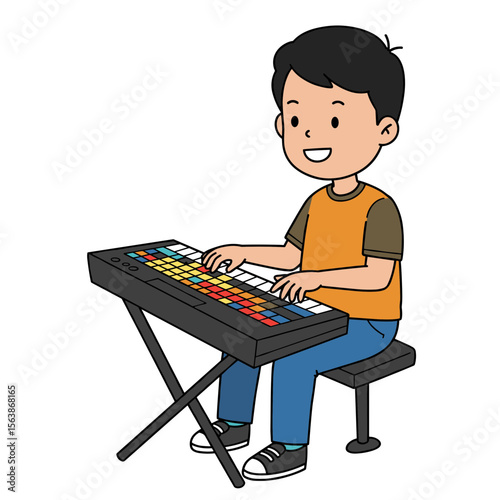 Boy playing electronic keyboard with concentration. Musical education concept for instrumental training and performance skills.