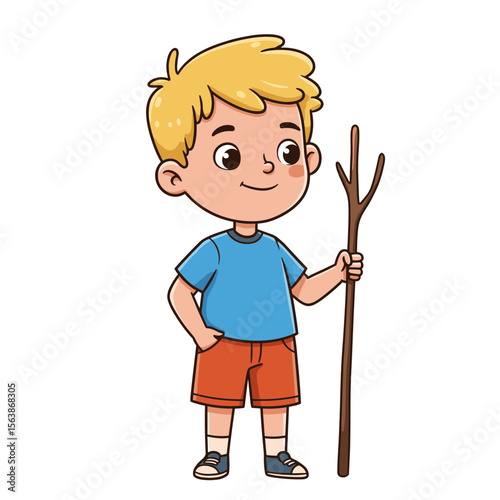Boy with wooden stick or walking pole. Outdoor exploration concept for hiking, nature adventures, and countryside activities.