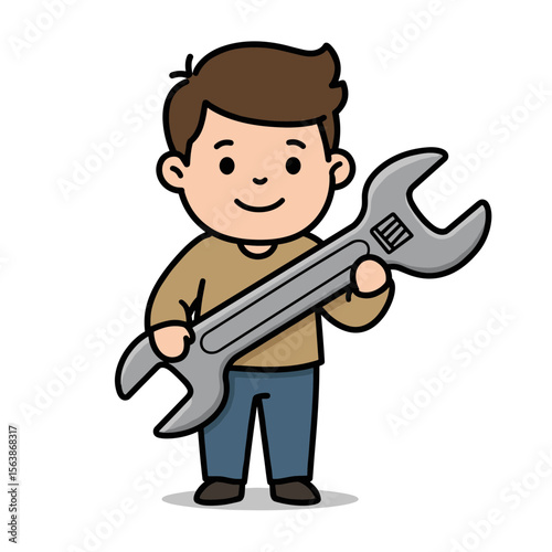 Boy with wrench tool smiling confidently. Technical repair concept for mechanical skills, home maintenance, and DIY projects.