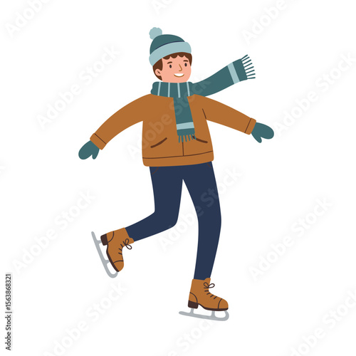 Man ice skating in winter attire with hat and scarf. Perfect for winter sports, seasonal recreation, and holiday activity illustrations.