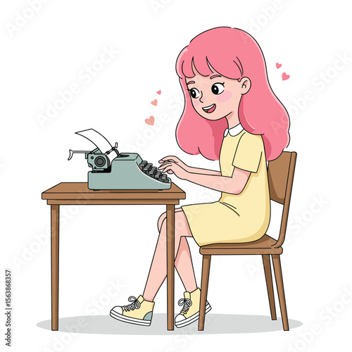 Girl with pink hair typing on vintage typewriter. Ideal for creative writing, journalism, and content creation concepts.