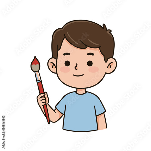 Boy holding paintbrush with red tip. Perfect for art education, creative activities, and children's craft concepts.