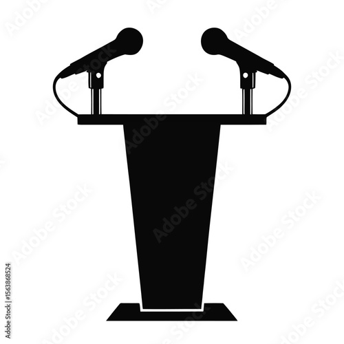 Black Silhouette Podium Two Microphones Public Speaking Presentation Stage Vector Graphic