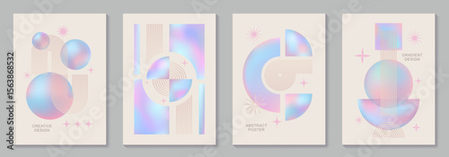 Abstract modern gradient poster vector set with Bauhaus pattern. Minimalist geometric colorful cover templates for interior design, social media, cover, banner, flyer, ads. Vector illustrations.