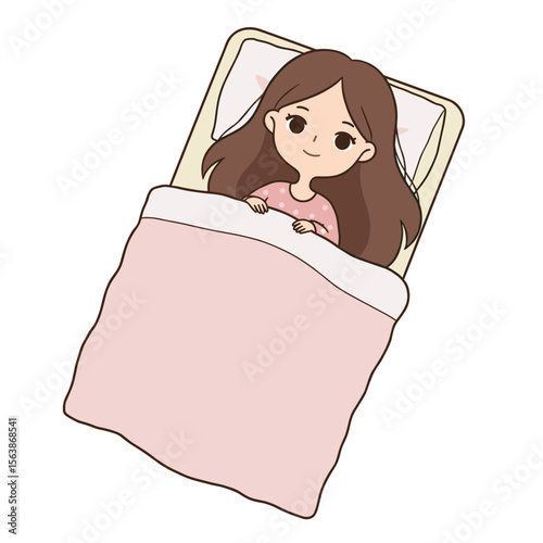 Woman in bed with pink blanket. Ideal for sleep comfort, relaxation, and bedroom furnishing concepts.