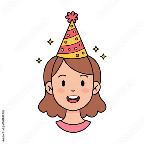 Woman wearing party hat with festive expression. Perfect for celebration, birthday parties, and festive event concepts.