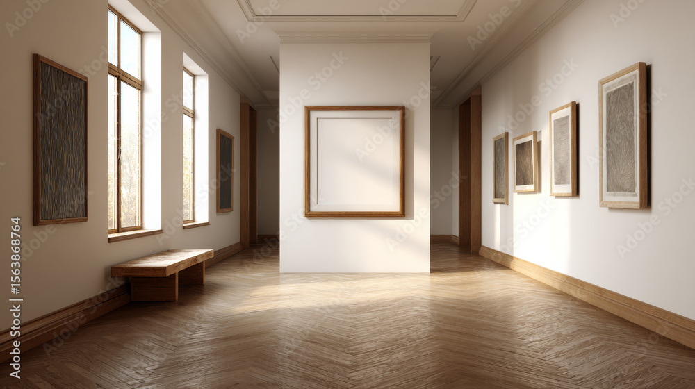 Fototapeta premium Art gallery interior showcasing an empty frame on the wall.