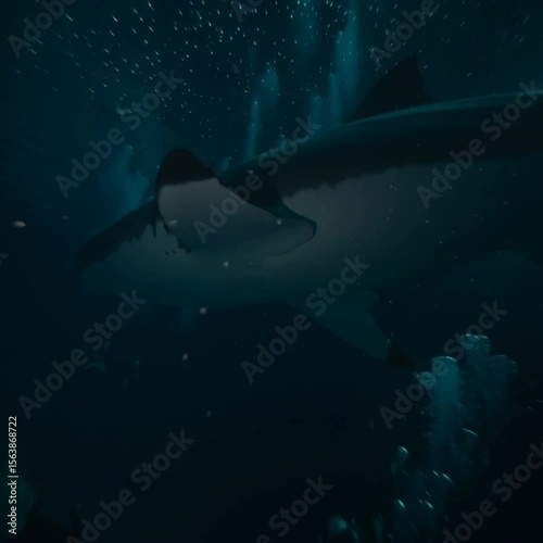 Scuba Diver Shark Encounter, Shark Discovery Underwater, Cinematic Shark Diver Scene, Dramatic Scuba Diver Moment, Suspenseful Shark Encounter.