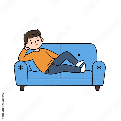 Man relaxing on blue sofa with casual pose. Perfect for home comfort, relaxation, and interior furniture concepts.