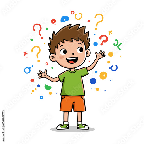 Boy with problem solving symbols in green shirt. Ideal for education, critical thinking, and cognitive development concepts.