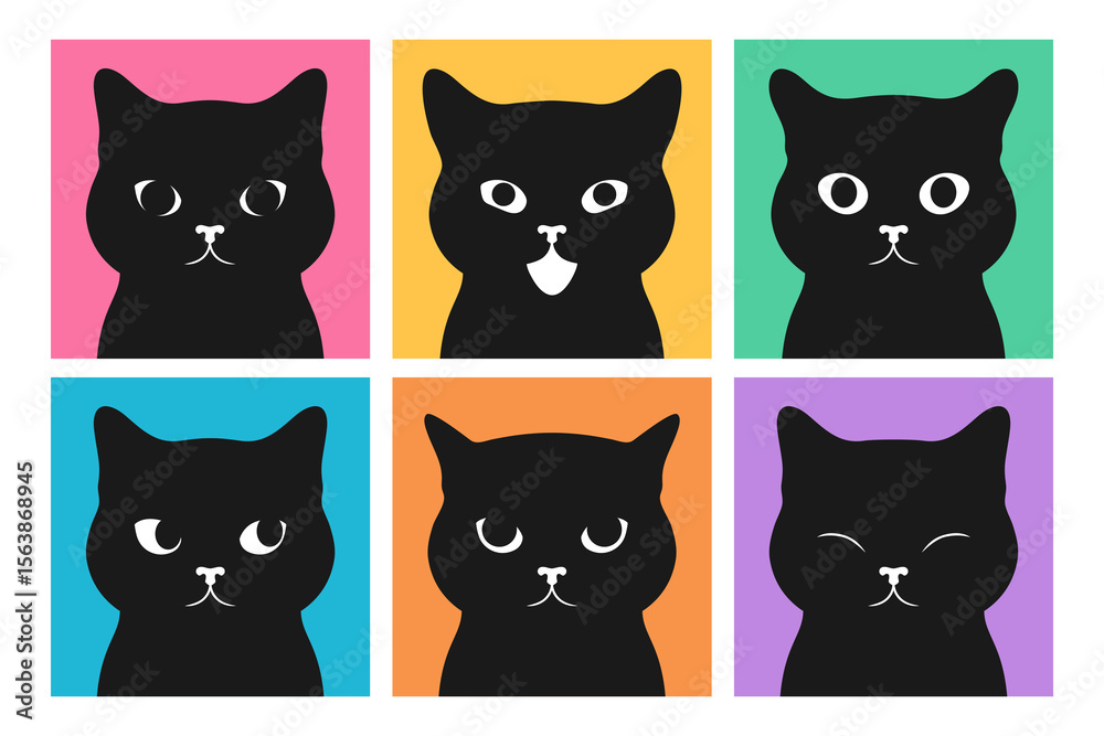 Obraz premium Set of black cat faces with different emotions. Cat portraits set. Vector illustration