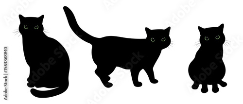 Black cats with big green eyes in different poses. Cat is sitting front view and profile, standing cat. Vector illustration