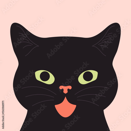 Cute black cat with open mouth. Cat face portrait. Black cat is meowing. Vector illustration