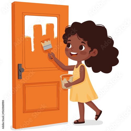 Girl with dark skin painting orange door. Perfect for home improvement and creative renovation concepts.