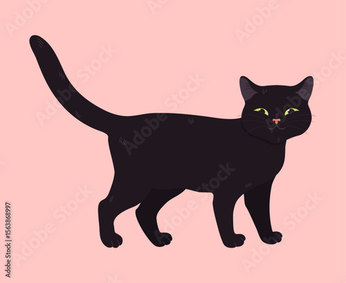 Cute cartoon black cat is standing and smiling. Cute feline. Vector illustration