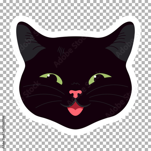 Cute smiling black cat face. Cat head sticker. Vector illustration