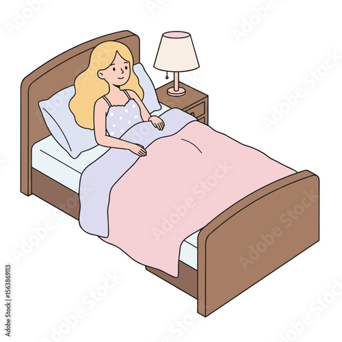 Woman in bed reading before sleep with lamp. Ideal for bedtime routine and relaxation concept illustrations.
