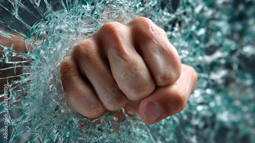 close-up of a fist breaking glass with force – powerful action moment perfect for use in concepts of strength, rebellion, resistance, crisis, breaking limits, or promotional materials for action films