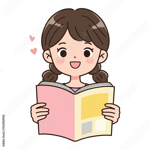 Girl reading book with joyful expression. Perfect for education and literacy promotion concepts.