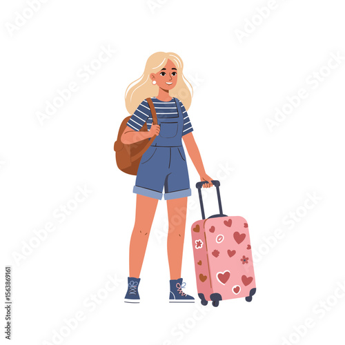 Woman with luggage in casual outfit ready for trip. Perfect for travel and vacation preparation concepts.