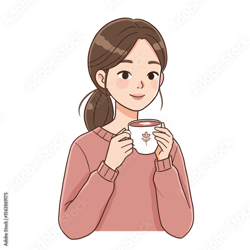 Woman drinking hot beverage from mug with content expression. Perfect for coffee break and relaxation moments.