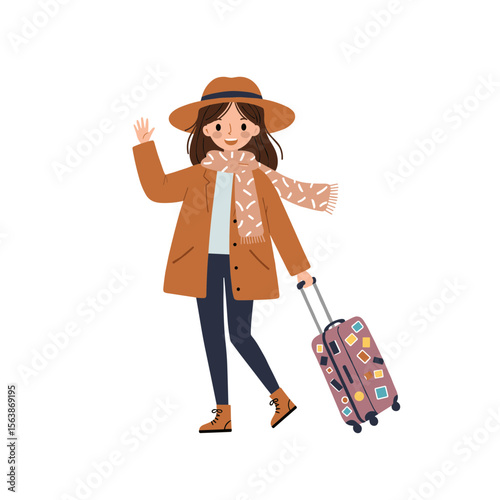Woman with luggage in travel outfit waving. Ideal for tourism and vacation departure illustrations.