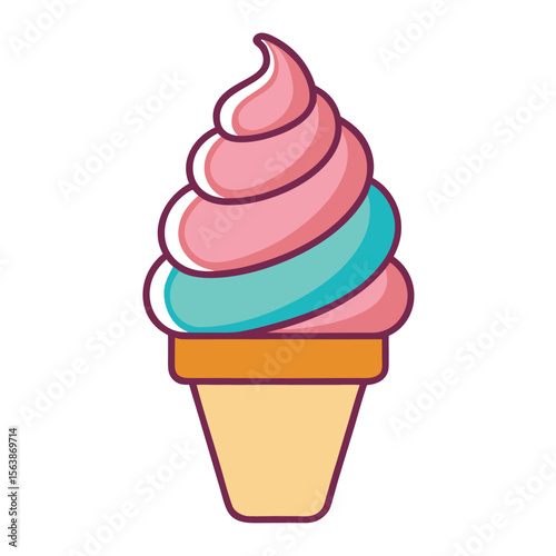 A set of delicious frozen dessert ice cream cones with strawberry, vanilla, and chocolate flavors