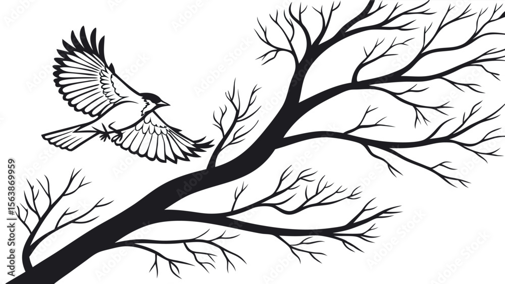 Fototapeta premium A serene vector illustration of birds perched gracefully on a tree branch, designed in silhouette style. This peaceful scene captures the beauty of nature, harmony, and the calm of avian life.