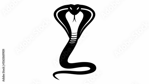 Illustration of a black cobra with its hood spread and tongue sticking out on a white background
