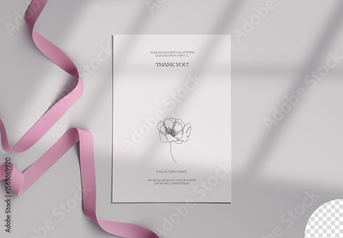 Card Stationery Mockup with Ribbons Decoration Flatlay Isolated