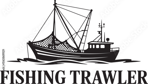 Fishing Trawler with Nets Silhouette on the Ocean
