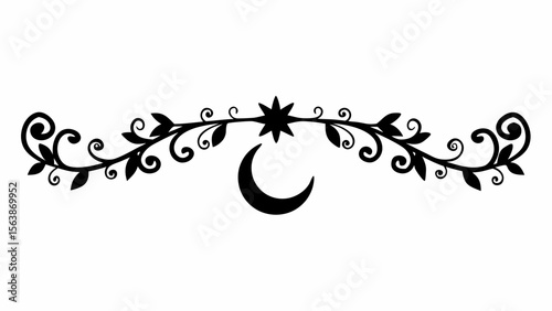 Floral divider with star and moon design in black silhouette on a white background illustration