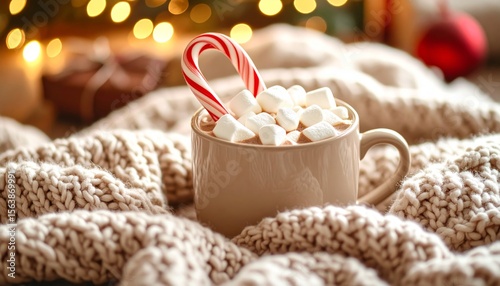 Wallpaper Mural Cozy Hot Chocolate with Marshmallows and Candy Cane on a Blanket Torontodigital.ca