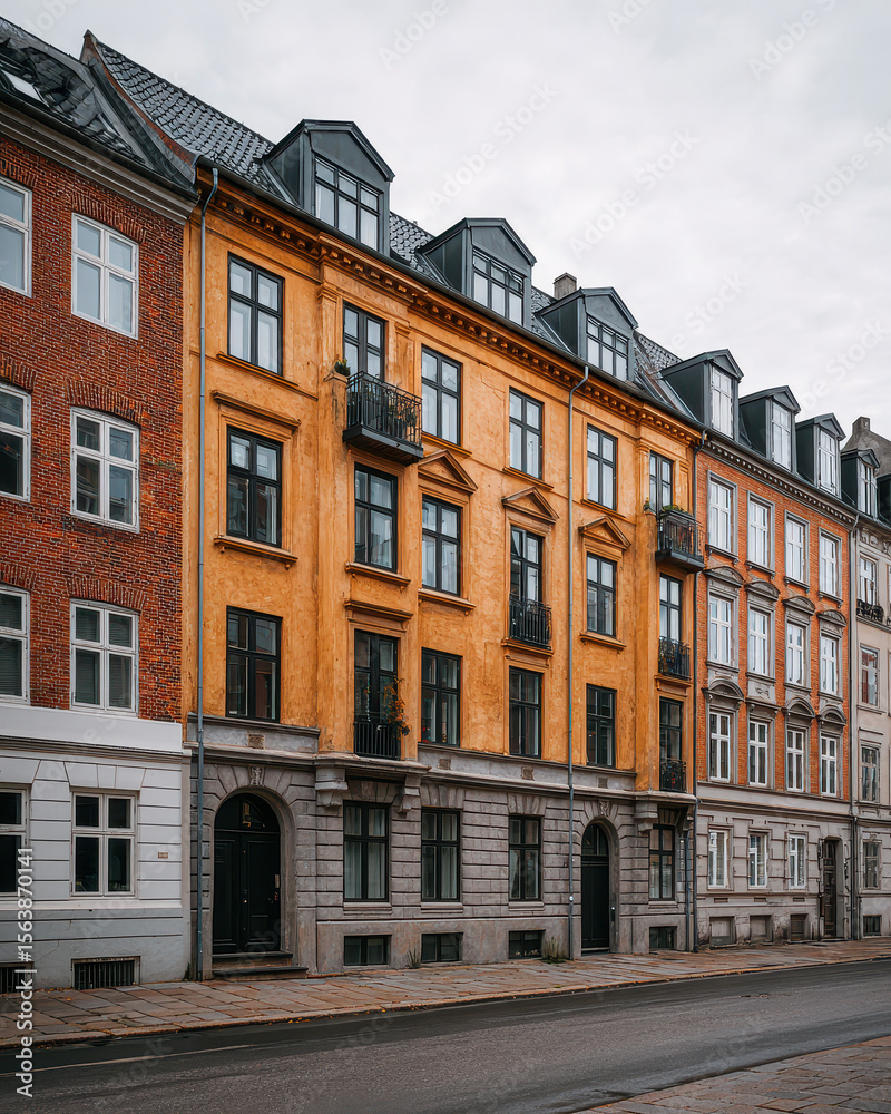Fototapeta premium Scandinavian Row Houses with Large Windows Minimalist Design