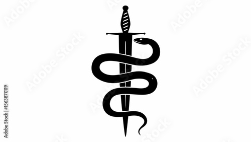 Black and white drawing of a sword with a snake wrapped around it in a simple graphic design style