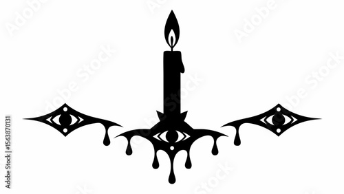 A black candle with a flame and dripping wax with eye symbols on a white background design element