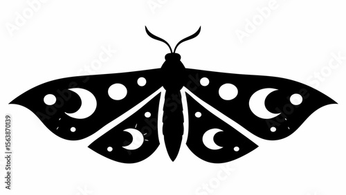 Silhouette of a moth with moon and star patterns on its wings in a black and white illustration