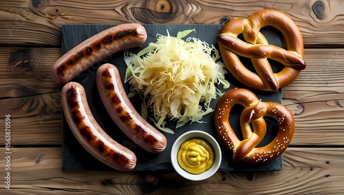 Top-down view of traditional German food including bratwurst, sauerkraut, pretzels, and mustard served on rustic wooden table in vibrant flat lay
