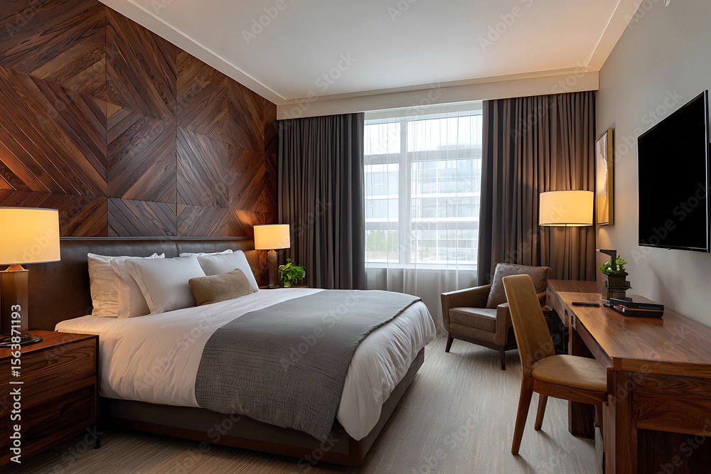 Fototapeta premium Luxurious hotel room with plush bedding and modern wood accents bedroom double bed