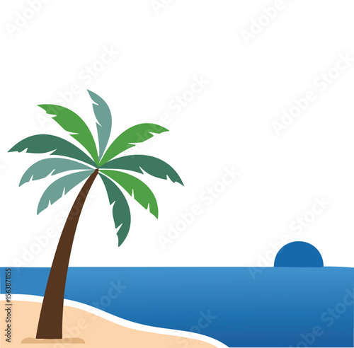 Tropical palm tree on sandy beach with ocean and sun vector