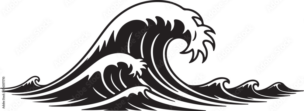 Fototapeta premium Iconic Black and White Illustration of Powerful Ocean Waves